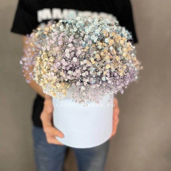 9 Радужных гипсофил в шляпной коробке в Энгельсе