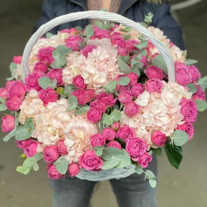 Корзина с гортензией и Мисти Баблс в Энгельсе